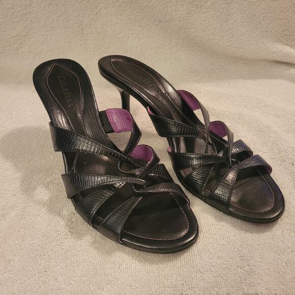 Cole Haan Black Leather Strappy Heeled Open-Toe & Back Shoes Size 7 B - Picture 1 of 9